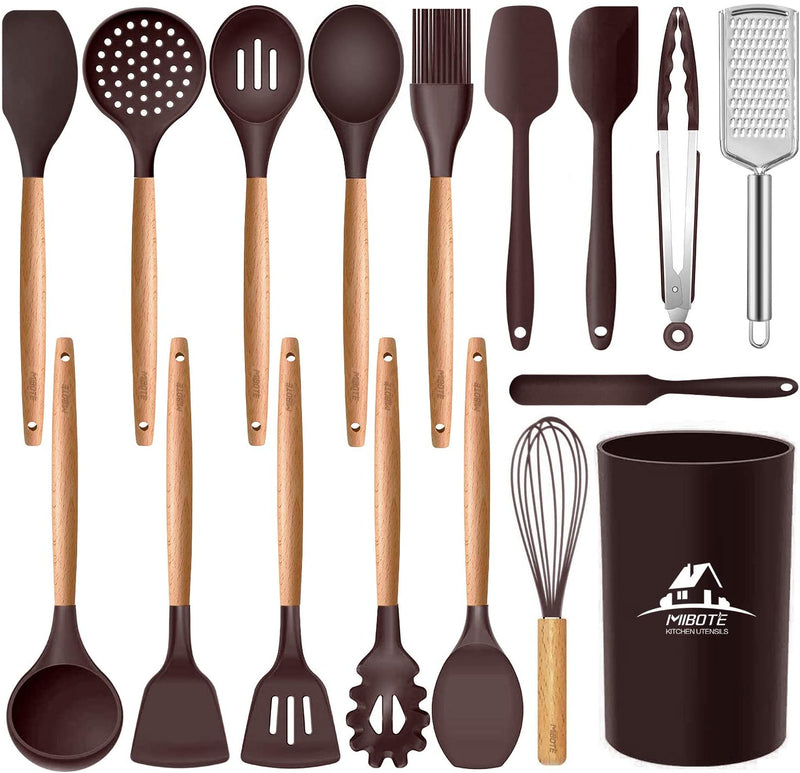 MIBOTE 17 Pcs Silicone Cooking Kitchen Utensils Set with Holder, Wooden Handles Cooking Tool BPA Free Turner Tongs Spatula Spoon Kitchen Gadgets Set for Nonstick Cookware (Teal) Home & Garden > Kitchen & Dining > Kitchen Tools & Utensils MIBOTE 5-Coffee  