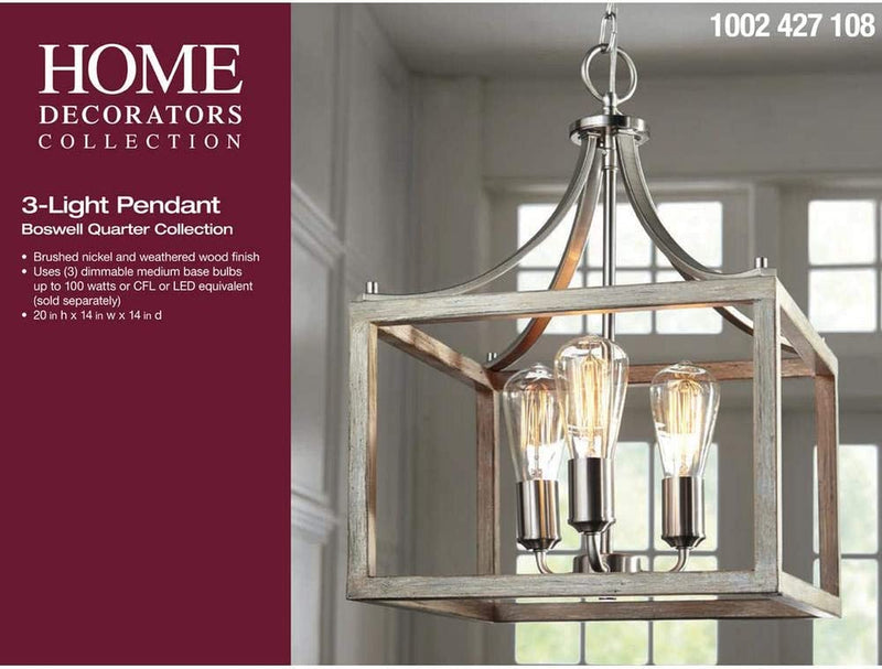 Home Decorators Collection Boswell Quarter 14 In. 3-Light Brushed Nickel Chandelier with Painted Weathered Gray Wood Accents Home & Garden > Lighting > Lighting Fixtures > Chandeliers HD   