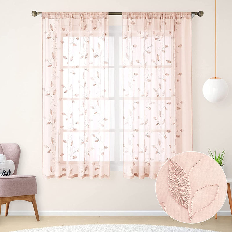 HOMEIDEAS White Sheer Curtains 52 X 63 Inches Length 2 Panels Embroidered Leaf Pattern Pocket Faux Linen Floral Semi Sheer Voile Window Curtains/Drapes for Bedroom Living Room Home & Garden > Decor > Window Treatments > Curtains & Drapes HOMEIDEAS 6-blush Pink W52" X L63" 