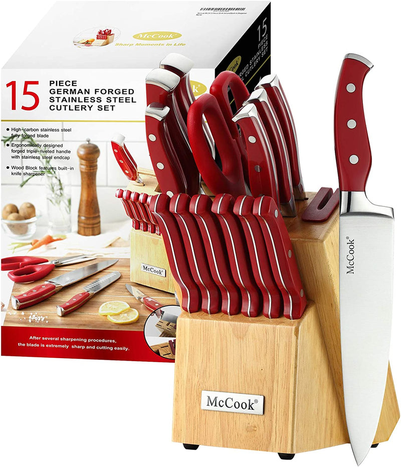 Mccook® MC25A Knife Sets,15 Pieces German Stainless Steel Kitchen Knife Block Set with Built-In Sharpener Home & Garden > Kitchen & Dining > Kitchen Tools & Utensils > Kitchen Knives McCook Red/Natural Color 15 Pieces 