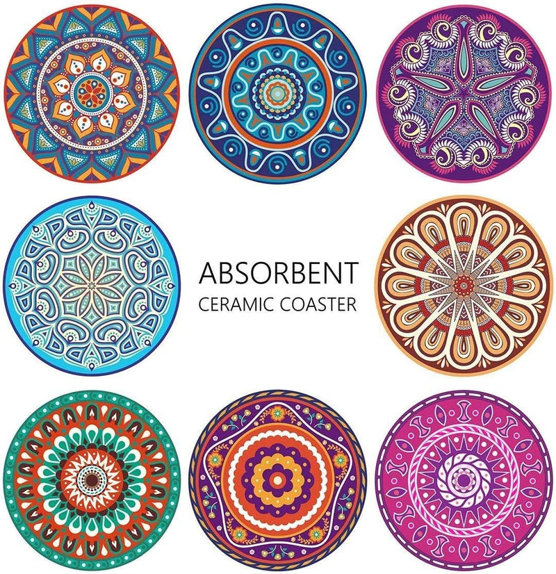 Teivio Absorbing Stone Mandala Ceramic Coasters for Drinks Cork Base with Holder, for Friends Funny Birthday Housewarming Apartment Kitchen Bar Decor, Suitable for Wooden Table, Coffee Table, Set of 8 Home & Garden > Kitchen & Dining > Barware Teivio   