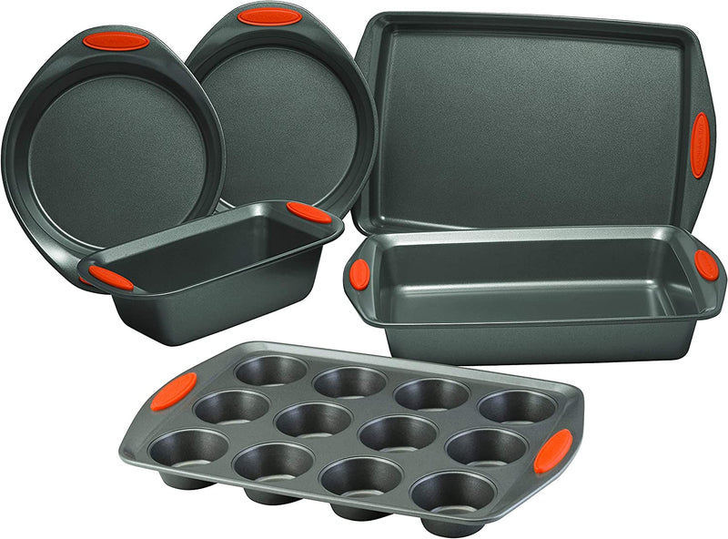 Rachael Ray Cucina Nonstick Bakeware Set with Grips Includes Nonstick Cake Pans, Nonstick Loaf Pan, Cookie Sheet/Baking Sheet and Muffin Pan/Cupcake Pan - 6 Piece, Grey with Orange Handles Home & Garden > Kitchen & Dining > Cookware & Bakeware Meyer   