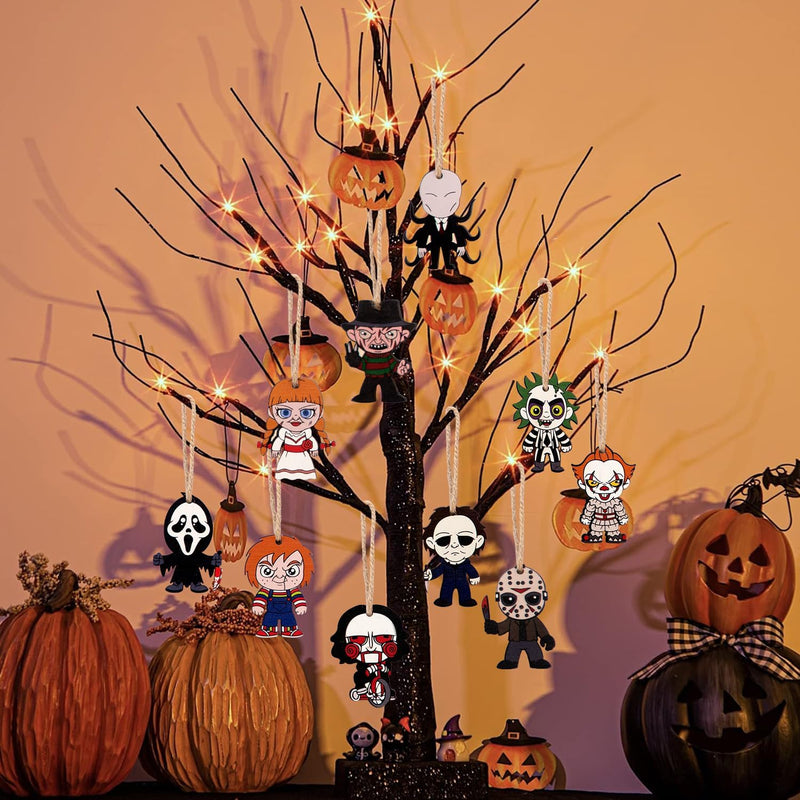 Halloween Decorations - Halloween Ornaments for Tree - Pack of 10 Wooden Hanging Horror Movie Ornaments for Halloween/Xmas Trees - Mini Halloween Tree Decorations  DAZONGE   