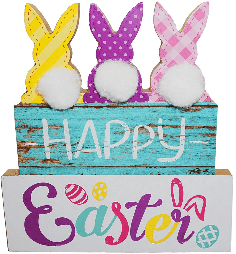 4E'S Novelty Easter Decorations for Home 3 Pack Wooden Freestanding Table Top Decor Rustic Sign Tabletop Centerpiece Spring Easter Bunny Farmhouse Home Decor