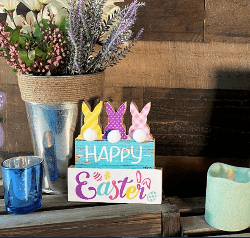4E'S Novelty Easter Decorations for Home 3 Pack Wooden Freestanding Table Top Decor Rustic Sign Tabletop Centerpiece Spring Easter Bunny Farmhouse Home Decor