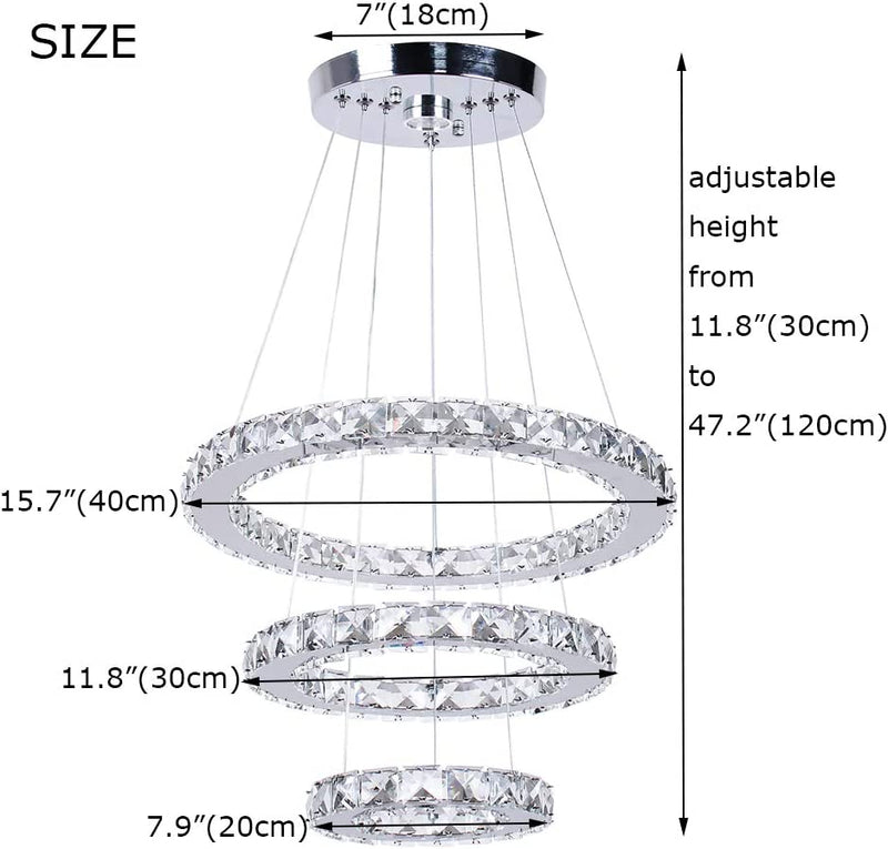 Winretro 3 Ring Modern LED Crystal Chandelier Light Fixtures round Pendant Lighting Stainless Steel Chrome Ceiling Lamp Hanging Lights for Living Room Dining Room Bedroom Kitchen Closet (Cold White) Home & Garden > Lighting > Lighting Fixtures > Chandeliers Winretro   