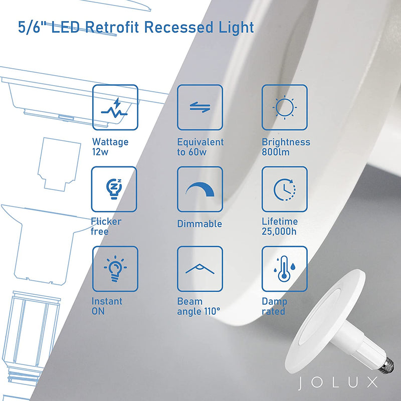 Jolux 5/6 Inch LED Adjustable Retrofit Downlight,Etl Rated Led Retrofit Recessed Light 6 Inch,12W (60W Equivalent),5000K (Daylight),800Lumens,Dimmable,E26,Easy Installation,4-Pack,Slope Trim