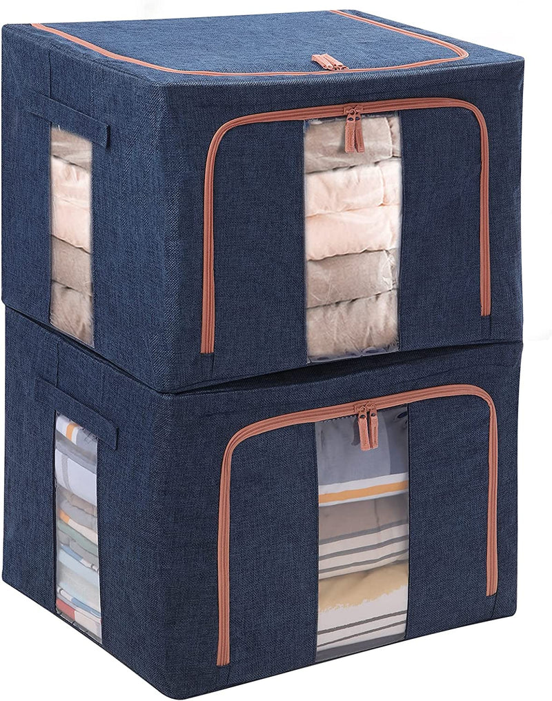 Tasmegol 2 Pack 66L Foldable Clothes Storage Bins Box Stackable Metal Frame Closet Organizer with Clear Windows Linen Fabric Containers Bags for Beddings/Quilt Home & Garden > Household Supplies > Storage & Organization zkkhsm Navy 66L 19.69*15.75*12.99 inches 