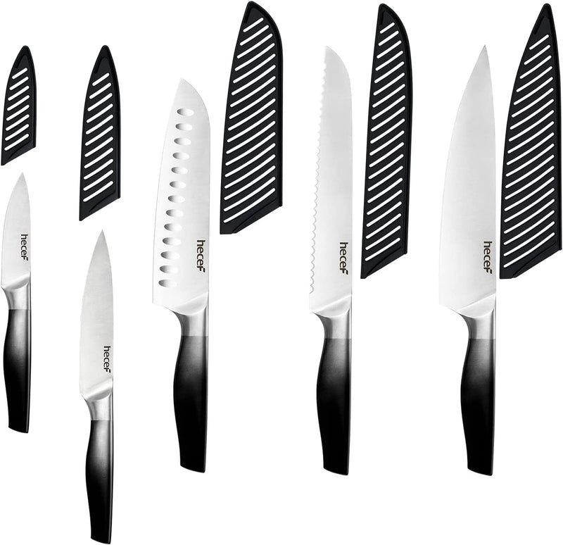 Hecef Gradient Black Kitchen Knife Set of 5, Chef Knife Set with Satin Finished Blade & Hollow Handle & Protective Sheaths, Includes Chef, Santoku, Bread, Utility & Paring Knife