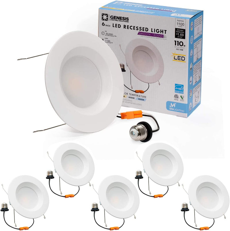 Mw 6 Inch 5 Selectable Color Temperature LED Downlight Retrofit with Smooth Trim, 2700/3000/3500/4000/5000K, Dimmable, 75W Incandescent Equal, 1100LM, Energy Star (1 Pack)