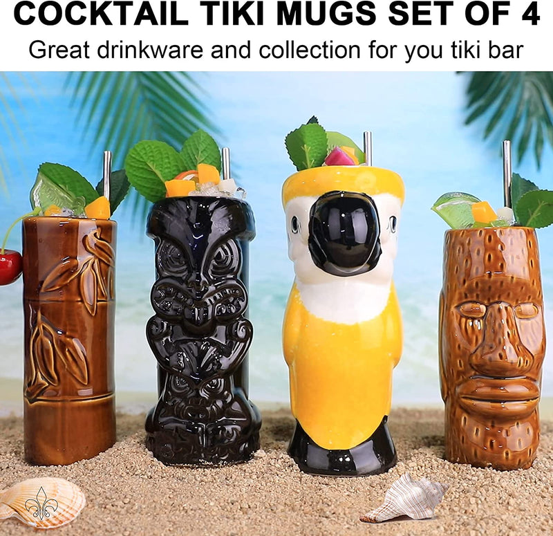 Tiki Mugs Cocktail Set of 4 - Large Tumblers Ceramic Hawaiian Luau Party Mugs Drinkware, Cute Exotic Cocktail Glasses, Tiki Bar Professional Hawaiian Party Barware (Mug Sets) - TKSET0010 Home & Garden > Kitchen & Dining > Barware LINALL   