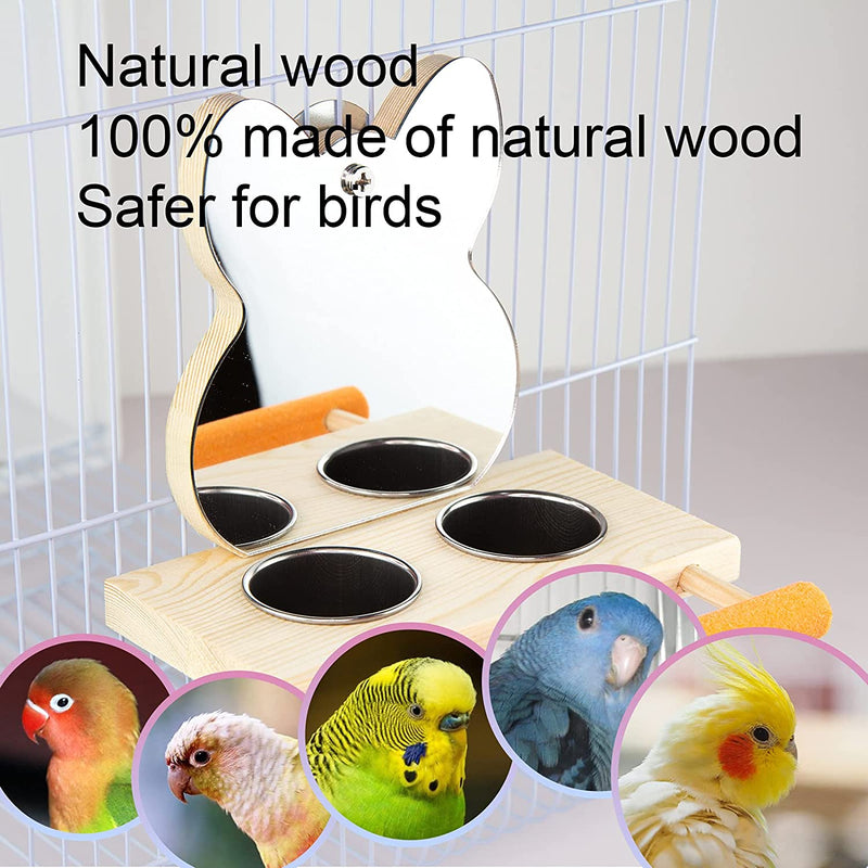 PANQIAGU Parrot Mirror Toy with Stainless Steel Feeding Cups Bird Wooden Frames with Cage Perch for Small Parakeets, Cockatiels, Conures, Finches,Budgie,Macaws, Parrots, Love Birds