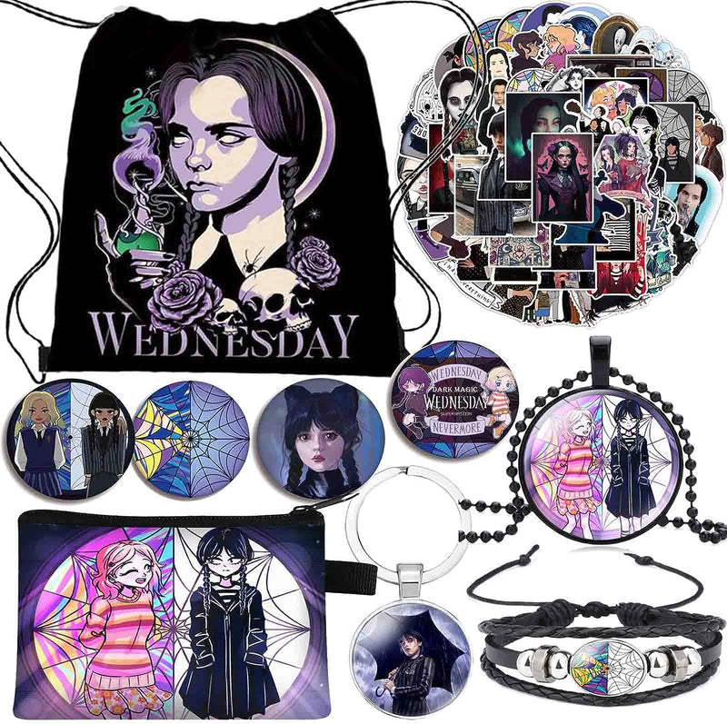 Herstar Wednesday Addams Merchandise Gift Set, Wednesday Party Favors Including Drawstring Bag, Keychain, Necklaces, Purse Bag, Bracelets, Stickers, Button Pins (A)  Herstar B  