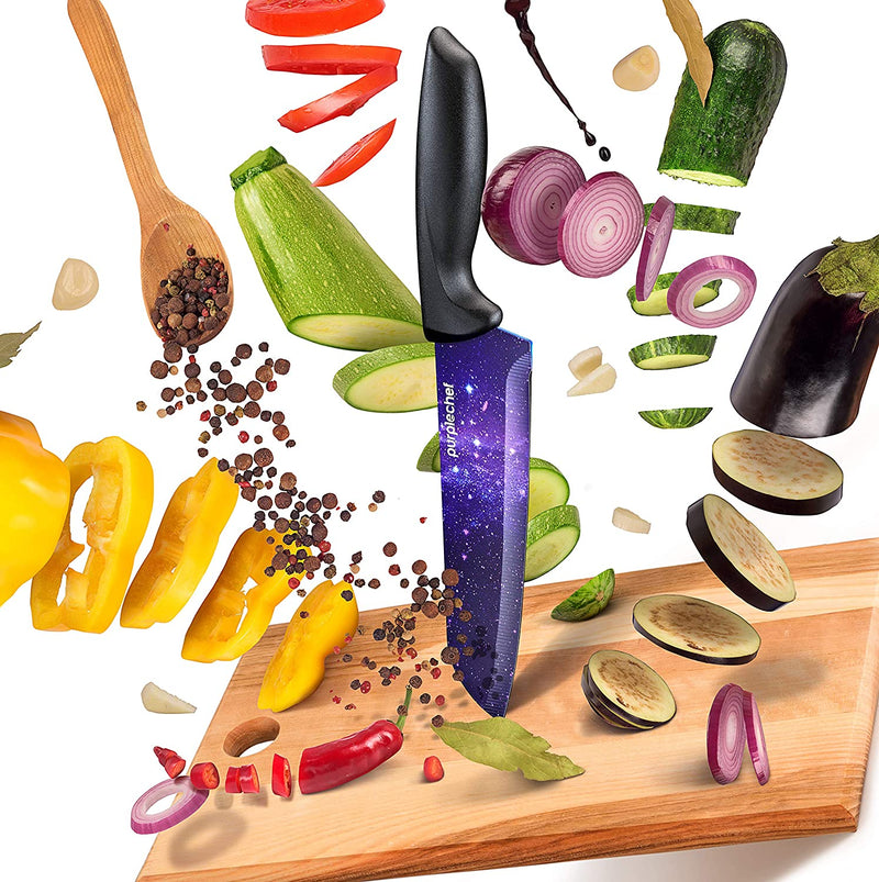 Purplechef 10 Pieces Purple Galaxy Kitchen Knives Set. Includes 6 Stainless Steel Knives, Scissors, Knife Sharpener, Peeler, and Clear Acrylic Stand. Home & Garden > Kitchen & Dining > Kitchen Tools & Utensils > Kitchen Knives purplechef   