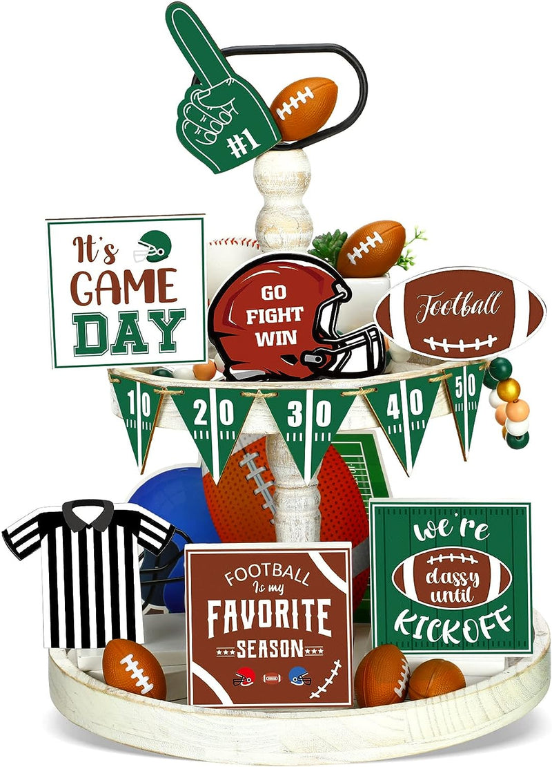 12 Pieces Football Tiered Tray Decor Football Decorations Farmhouse Wooden Rustic Football Party Supplies Game Day Sign Helmet Blocks Football Tray Decor Set for Football Fans Club Bars Home Decor  Glenmal   
