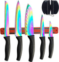 Stainless Steel Rainbow Knife Set - Titanium Coated Kitchen Starter Set with Utility Knife, Santoku, Bread, Chef, & Paring Knives with Black Sharpener Tool & Magnetic Mounting Rack - Silislick Home & Garden > Kitchen & Dining > Kitchen Tools & Utensils > Kitchen Knives SiliSlick® Black Handle | Red Rack  