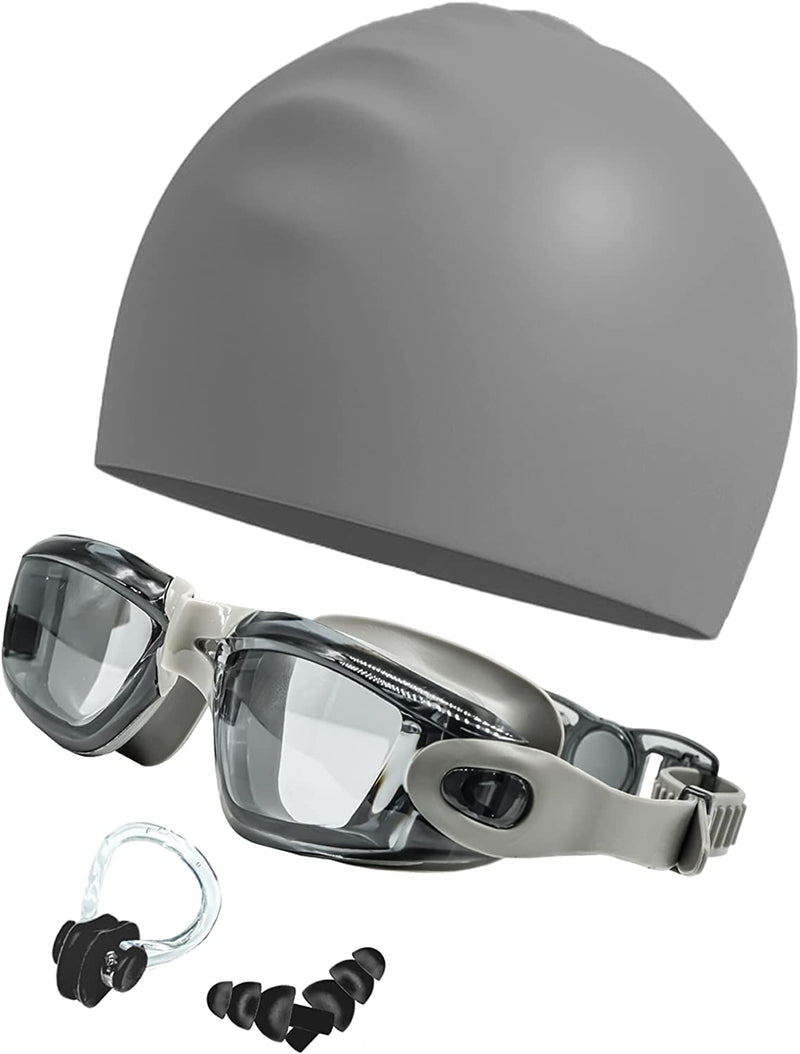LJNYIE Adult Swim Swimming Goggles Glasses Gear for Womens Mens Youth Goggles Swim with Nose Cover Caps Ear Plugs anti Fog Sporting Goods > Outdoor Recreation > Boating & Water Sports > Swimming > Swim Goggles & Masks LJNYIE Clear Grey  