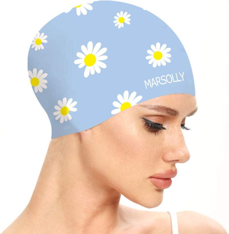 Marsolly Silicone Swim Cap for Women, Waterproof Long Hair Swimming Caps with Flower Printed Sporting Goods > Outdoor Recreation > Boating & Water Sports > Swimming > Swim Caps LEHE Blue  