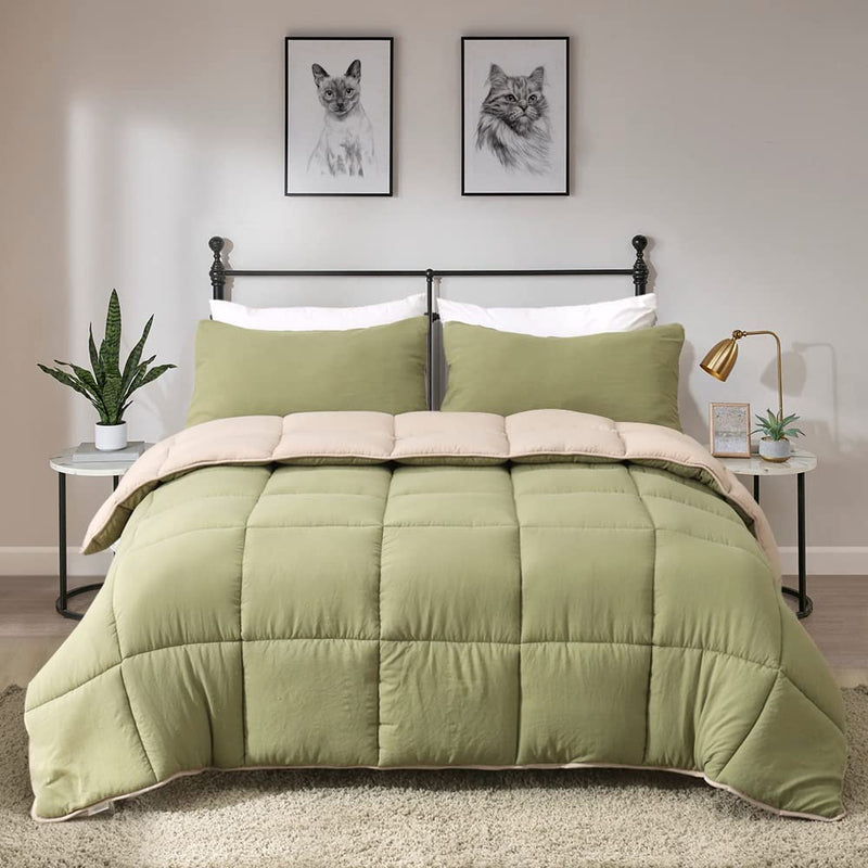 Oaken-Cat 3Pcs Moss Green/Light Brown Reversible down Alternative Comforter Set Full/Queen - All Season Ultra-Soft Cloud Breathable Microfiber Comforter Duvet
