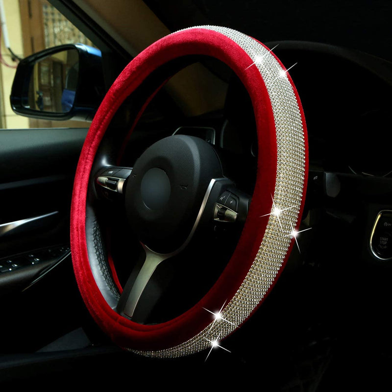 Diamond Bling Steering Wheel Cover for Women Girls, Car Crystal Sparkly Leather Steering Wheel Protector Interior Accessories (Red, Standard Size[14 1/2''-15'']) Sporting Goods > Outdoor Recreation > Winter Sports & Activities Vandz US   