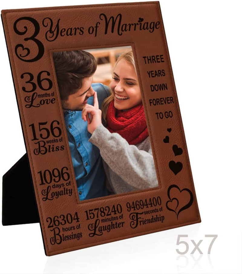 KATE POSH 3Rd Anniversary, 3Rd Wedding Anniversary, 3 Years Anniversary, Three Years of Marriage, Third Anniversary Engraved Rawhide Leather Picture Frame (5X7 Vertical) Home & Garden > Decor > Picture Frames KATE POSH   