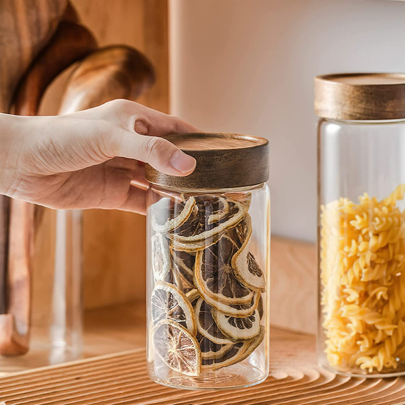 MOLFUJ 250Ml/8Oz Wood Twist Lid Glass Storage Container, Small Cute Clear Decorative Organizer Bottle Canister Pantry Jar with Air Tight Screw Wooden Lid for Food, Coffee, Candy, Sugar, Salt, Tea Home & Garden > Decor > Decorative Jars MOLFUJ   