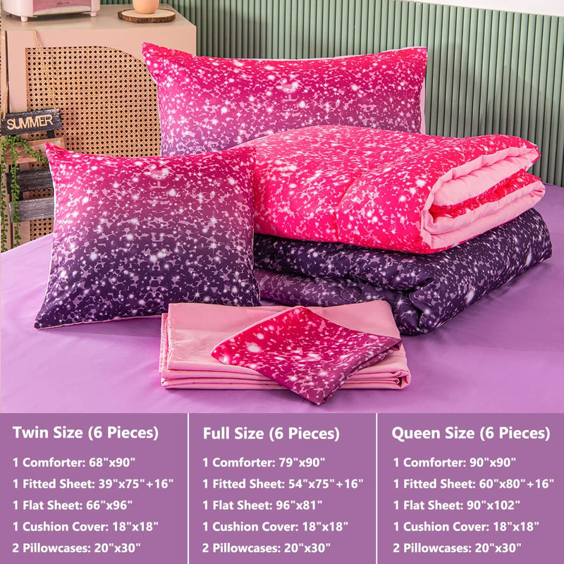 PERFEMET Purple Glitter Comforter Set Twin Size 6 Pieces Bed in a Bag for Teen Girls 3D Colorful Rainbow Bedding Comforter Sheet Set Ultra Soft Galaxy Quilted Duvet Home & Garden > Linens & Bedding > Bedding PERFEMET   