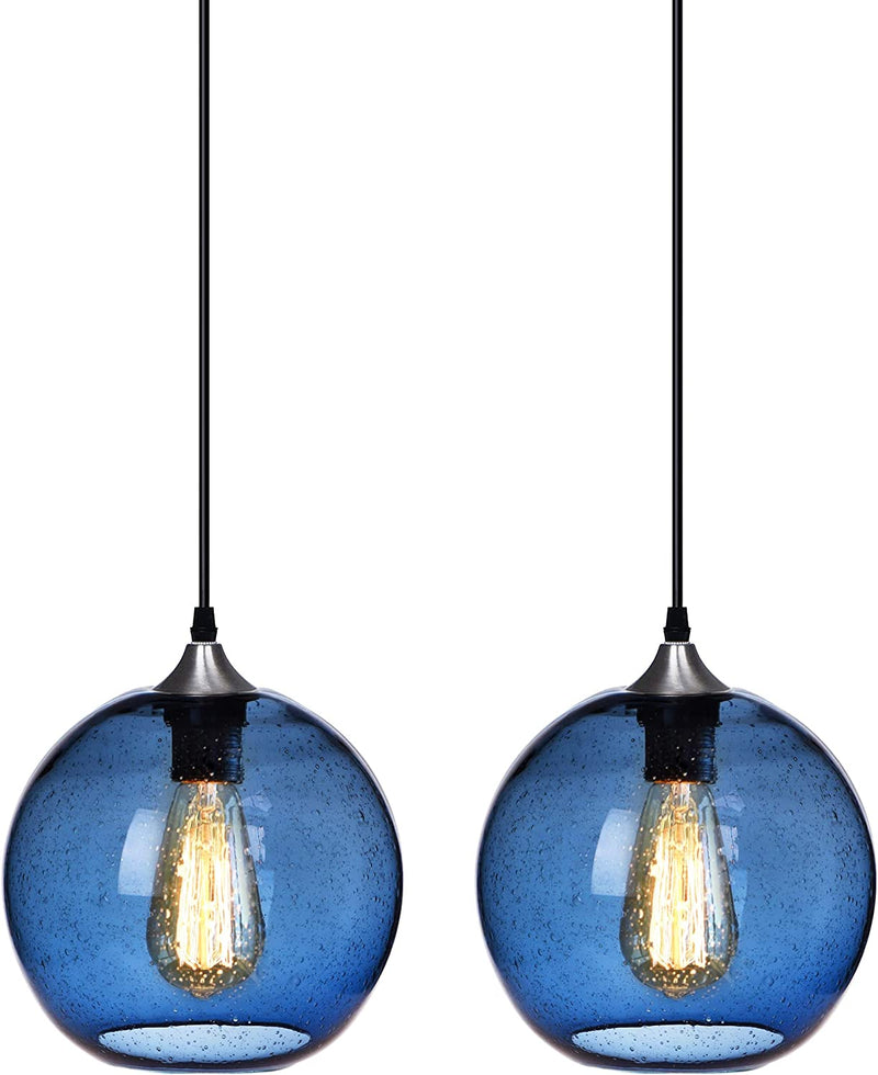 ARIAMOTION Plug in Pendant Lights with Cord Blue Glass Hanging Lighting 15 Ft Hemp Rope Seeded Bubble Globe 7.4" Diam 2-Pack