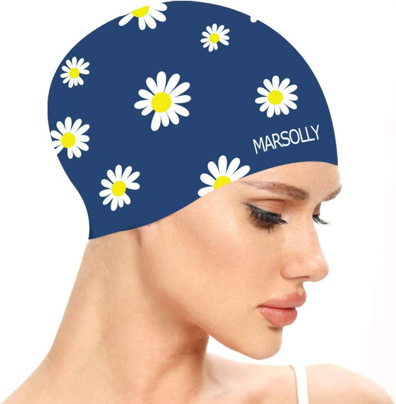 Marsolly Silicone Swim Cap for Women, Waterproof Long Hair Swimming Caps with Flower Printed Sporting Goods > Outdoor Recreation > Boating & Water Sports > Swimming > Swim Caps LEHE Navy  