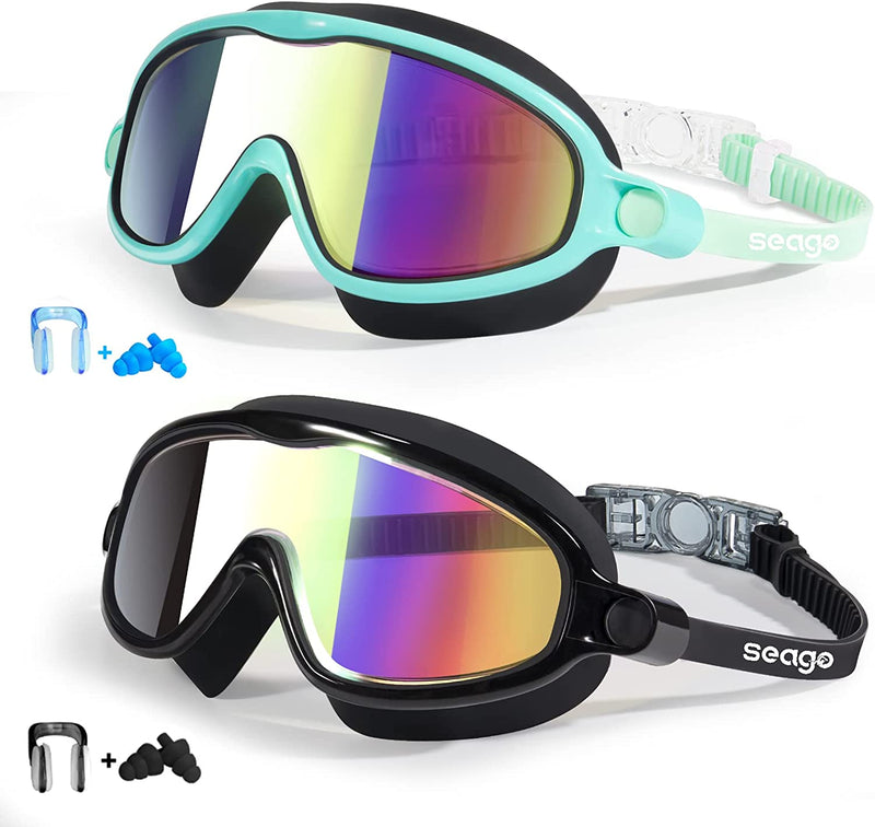 Swim Goggles 2 Pack Anti-Fog Anti-Uv Wide View Swimming Goggles for Kids 3-15 Sporting Goods > Outdoor Recreation > Boating & Water Sports > Swimming > Swim Goggles & Masks Seago Lightgreen/Mirrored & Black/Mirrored  