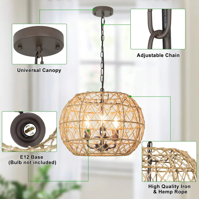 Depuley Rustic Woven Pendant Light, 3-Light Metal Basket Hanging Lights Fixture with Hemp Rope Finish, 39 Inch Adjustable Chain Vintage Chandeliers for Kitchen/Dining Table/Living Room, E12, UL Listed Home & Garden > Lighting > Lighting Fixtures Depuley   