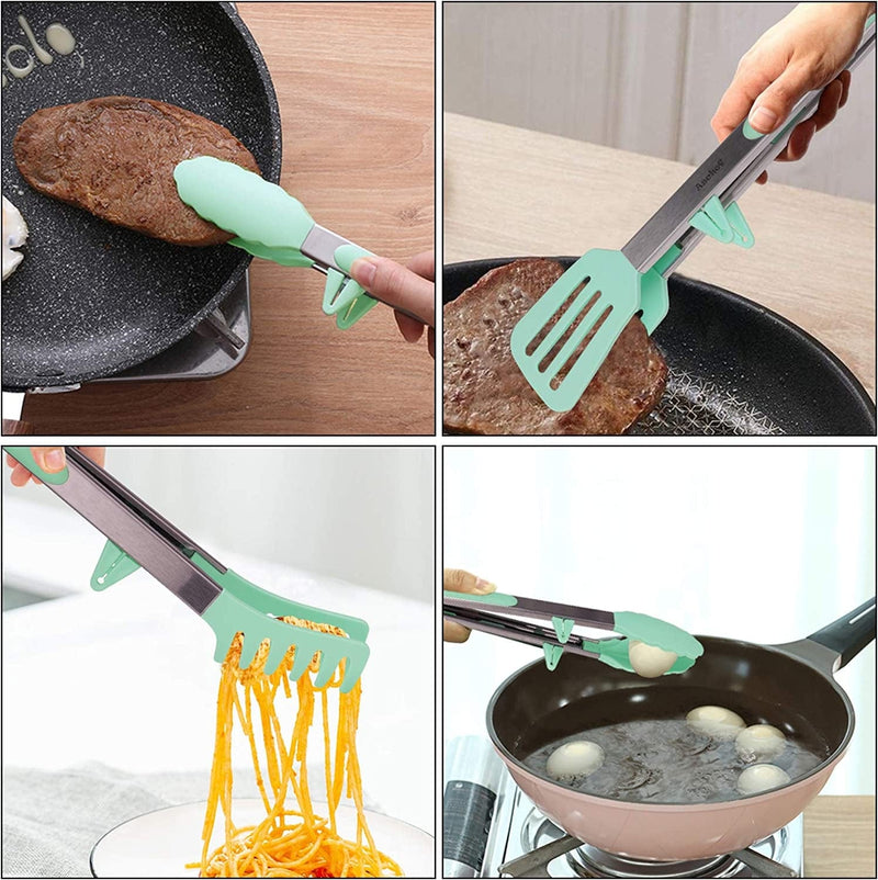 4In1 Stainless Steel Kitchen Food Tongs Set for Cooking with BPA Free Silicone Tips, Toaster Steak Pie Pizza Pasta Spaghetti Noodles Salad Fruit Vegetable Grill BBQ Buffet Clamp Serving Tools Gadgets Home & Garden > Kitchen & Dining > Kitchen Tools & Utensils Aschef   