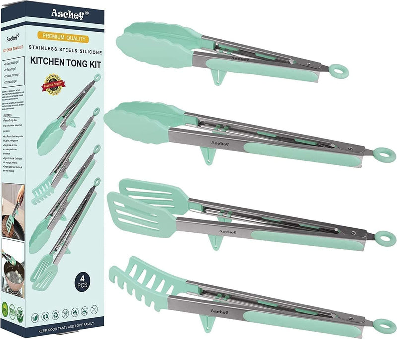 4In1 Stainless Steel Kitchen Food Tongs Set for Cooking with BPA Free Silicone Tips, Toaster Steak Pie Pizza Pasta Spaghetti Noodles Salad Fruit Vegetable Grill BBQ Buffet Clamp Serving Tools Gadgets Home & Garden > Kitchen & Dining > Kitchen Tools & Utensils Aschef Green  