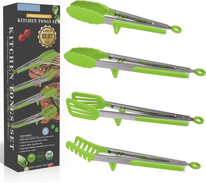 4In1 Stainless Steel Kitchen Food Tongs Set for Cooking with BPA Free Silicone Tips, Toaster Steak Pie Pizza Pasta Spaghetti Noodles Salad Fruit Vegetable Grill BBQ Buffet Clamp Serving Tools Gadgets Home & Garden > Kitchen & Dining > Kitchen Tools & Utensils Aschef Grass Green  