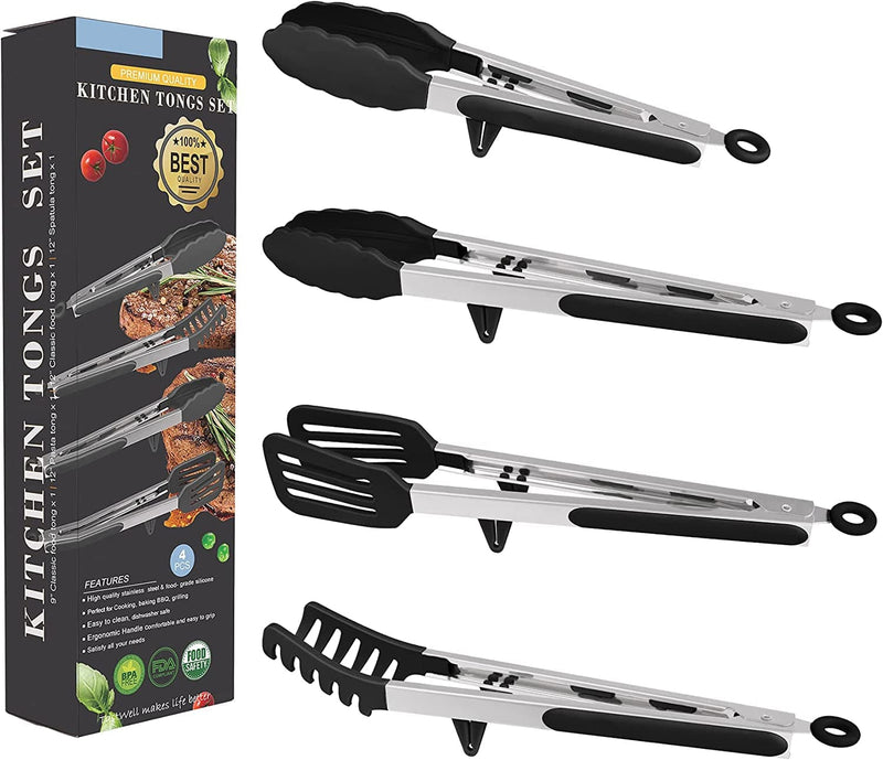 4In1 Stainless Steel Kitchen Food Tongs Set for Cooking with BPA Free Silicone Tips, Toaster Steak Pie Pizza Pasta Spaghetti Noodles Salad Fruit Vegetable Grill BBQ Buffet Clamp Serving Tools Gadgets Home & Garden > Kitchen & Dining > Kitchen Tools & Utensils Aschef Black  