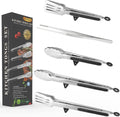 4In1 Stainless Steel Kitchen Food Tongs Set for Cooking with BPA Free Silicone Tips, Toaster Steak Pie Pizza Pasta Spaghetti Noodles Salad Fruit Vegetable Grill BBQ Buffet Clamp Serving Tools Gadgets