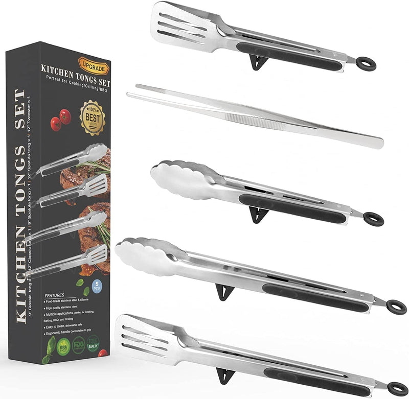 4In1 Stainless Steel Kitchen Food Tongs Set for Cooking with BPA Free Silicone Tips, Toaster Steak Pie Pizza Pasta Spaghetti Noodles Salad Fruit Vegetable Grill BBQ Buffet Clamp Serving Tools Gadgets Home & Garden > Kitchen & Dining > Kitchen Tools & Utensils Aschef Silver  