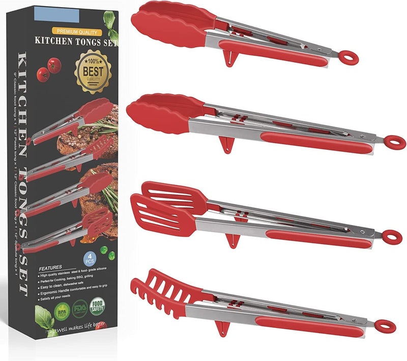 4In1 Stainless Steel Kitchen Food Tongs Set for Cooking with BPA Free Silicone Tips, Toaster Steak Pie Pizza Pasta Spaghetti Noodles Salad Fruit Vegetable Grill BBQ Buffet Clamp Serving Tools Gadgets Home & Garden > Kitchen & Dining > Kitchen Tools & Utensils Aschef Red  
