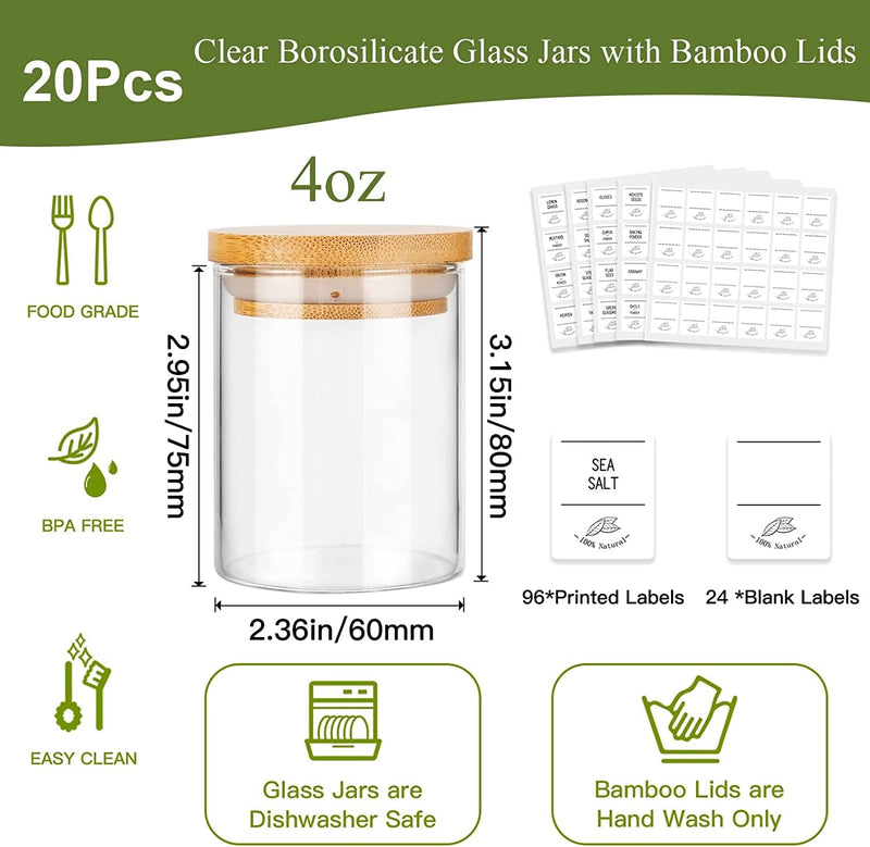 4Oz Glass Spice Jars with Bamboo Lids, 20 Pack Clear Borosilicate Glass Food Storage Containers with Wooden Airtight Lids, Cylinder Glass Bottles with Lids for Kitchen Spice Sugar Salt Coffee Tea Home & Garden > Decor > Decorative Jars Betrome   