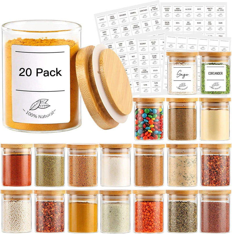4Oz Glass Spice Jars with Bamboo Lids, 20 Pack Clear Borosilicate Glass Food Storage Containers with Wooden Airtight Lids, Cylinder Glass Bottles with Lids for Kitchen Spice Sugar Salt Coffee Tea Home & Garden > Decor > Decorative Jars Betrome   