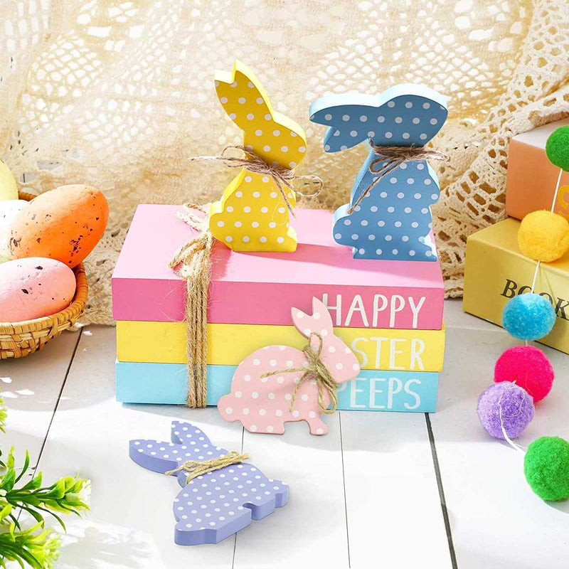 4Pcs Easter Bunny Decorations, Wooden Rabbit Shaped Tabletop Centerpieces Table Signs with Rope Farmhouse Easter Decor for the Home Office Dining Room