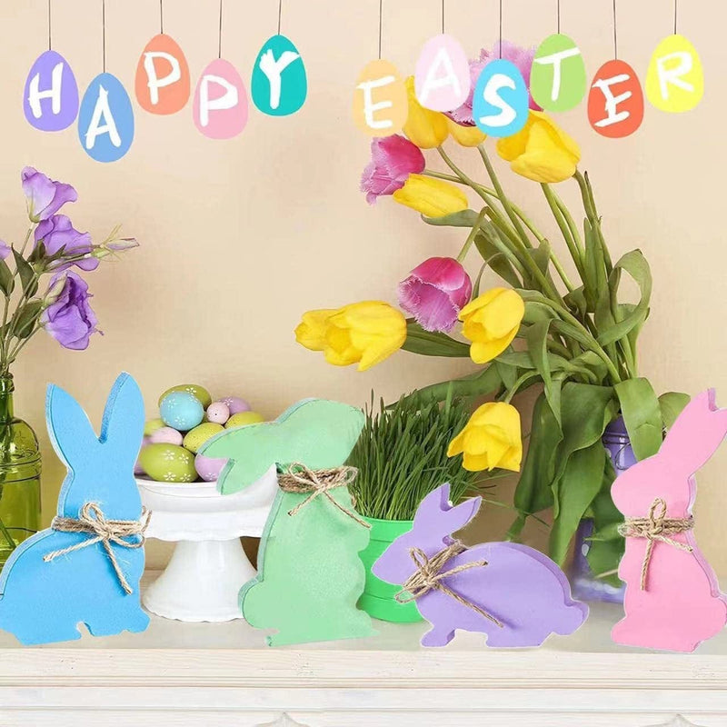 4Pcs Easter Bunny Table Decorations Centerpieces Wooden Sign Decorations for the Home Mantel Tiered Tray Vintage Farmhouse Spring Party Decora Home & Garden > Decor > Seasonal & Holiday Decorations carvy   