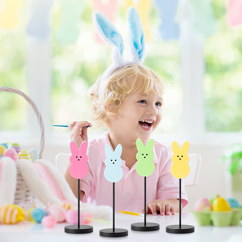 4Pcs Easter Bunny Wood Tall Standing Block Set Cadny Bunny Reversible Decoration Set Easter Colorful Wooden Sign on Stand Table Centerpiece Decoration for Easter Party Home Outdoor Desk Ornaments Home & Garden > Decor > Seasonal & Holiday Decorations ANGOLIO   