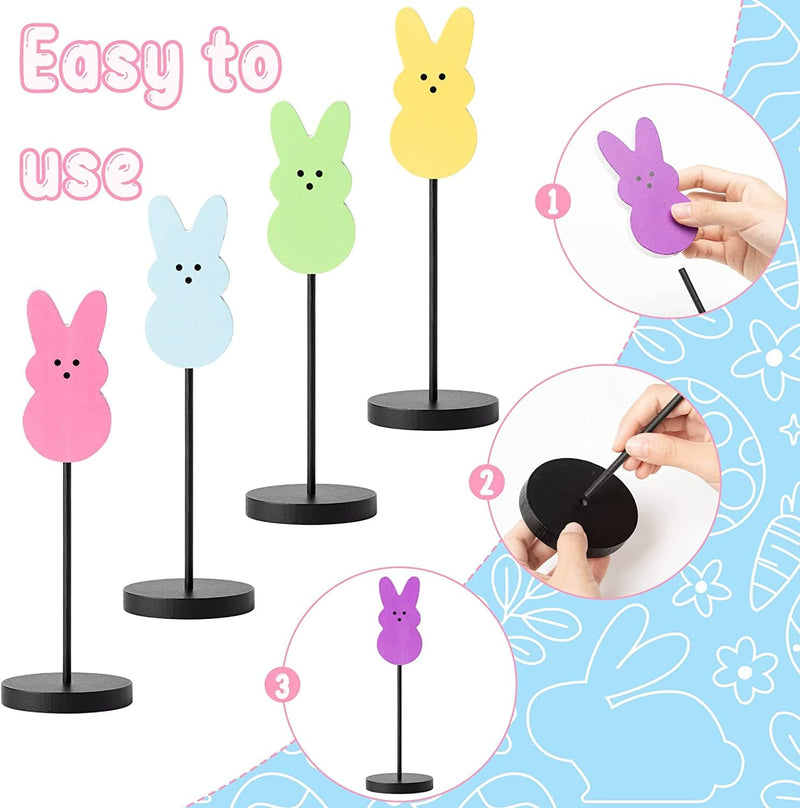 4Pcs Easter Bunny Wood Tall Standing Block Set Cadny Bunny Reversible Decoration Set Easter Colorful Wooden Sign on Stand Table Centerpiece Decoration for Easter Party Home Outdoor Desk Ornaments Home & Garden > Decor > Seasonal & Holiday Decorations ANGOLIO   