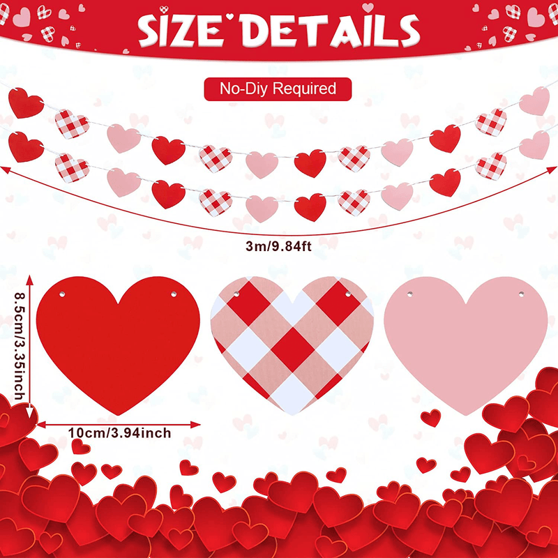 4Pcs Heart Garland for Valentines Decorations Heart Banner Red Pink Buffalo Plaid Paper Valentines Day Decor No DIY Love Hanging Heart Garland for Anniversary Engagement Parties Accessories
