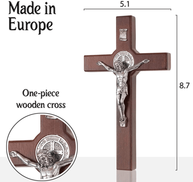 4Soul Crucifix | Saint Benedict wall cross | 8.7" Wooden cross decor with silver color Jesus and St Benedict medal | Religious wall art perfect catholic gift