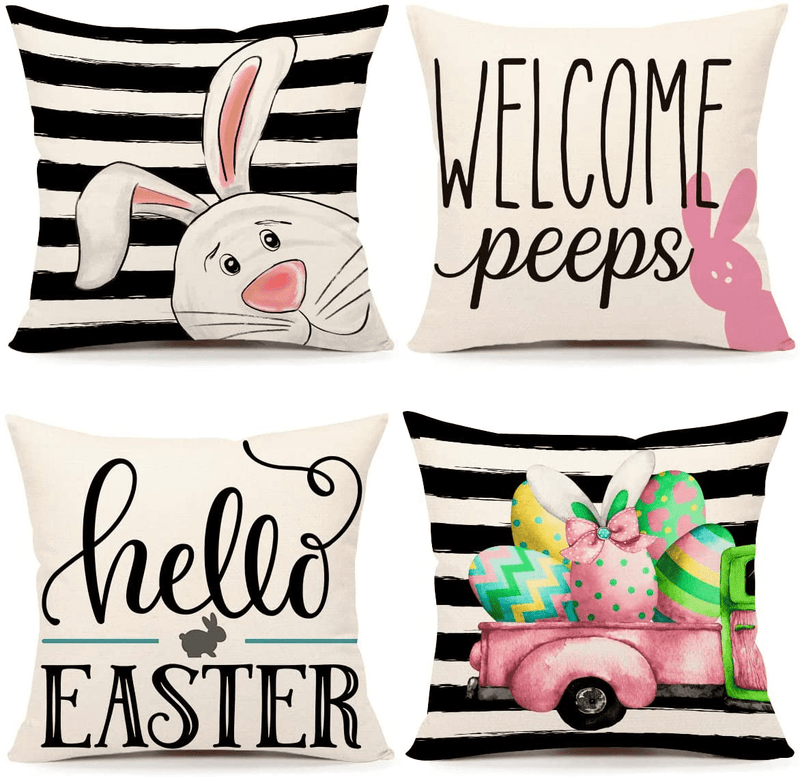 4TH Emotion Easter Pillow Covers 18X18 Set of 4 Easter Decorations for Spring Farmhouse Pillows Easter Decorative Throw Pillows Buffalo Plaid Bunny Eggs Throw Cushion Case for Home Decor TH086-18 Home & Garden > Decor > Seasonal & Holiday Decorations 4TH Emotion Stripe Easter, Set of 4 18 X 18 inches 