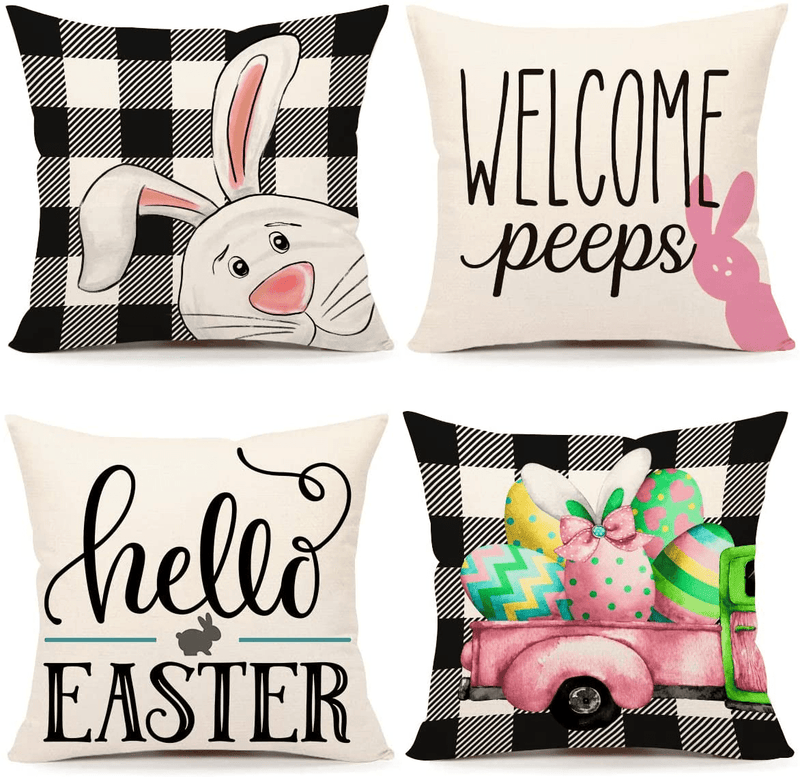 4TH Emotion Easter Pillow Covers 18X18 Set of 4 Easter Decorations for Spring Farmhouse Pillows Easter Decorative Throw Pillows Buffalo Plaid Bunny Eggs Throw Cushion Case for Home Decor TH086-18