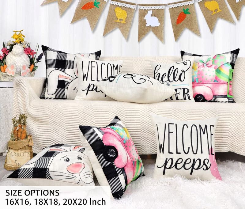 4TH Emotion Easter Pillow Covers 18X18 Set of 4 Easter Decorations for Spring Farmhouse Pillows Easter Decorative Throw Pillows Buffalo Plaid Bunny Eggs Throw Cushion Case for Home Decor TH086-18 Home & Garden > Decor > Seasonal & Holiday Decorations 4TH Emotion   