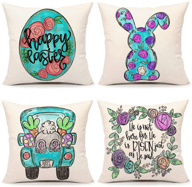 4TH Emotion Easter Pillow Covers 18X18 Set of 4 Farmhouse Spring Decor Flowers Eggs Bunny Carrot Truck Holiday Decorations Throw Cushion Case for Home Couch Home & Garden > Decor > Seasonal & Holiday Decorations 4TH Emotion   